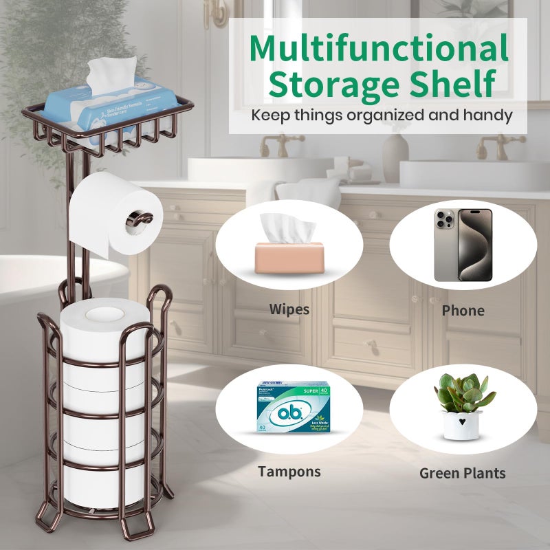 TomCare Toilet Paper Holder Upgraded Toilet Paper Stand with 4 Raised Feet Metal Free Standing Tissue Paper Roll Dispenser with Storage Shelf Sturdy Bathroom Accessories (Bronze) - Image 4